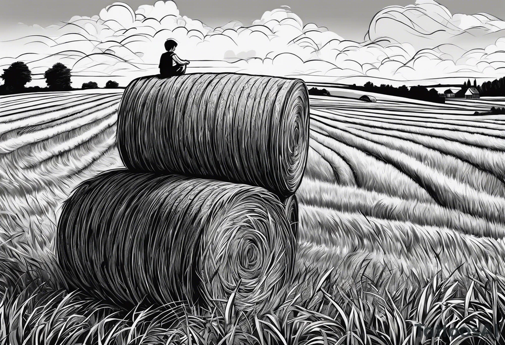 A boy sitting on top of a twisted bale of hay in a field where you can see the same bales of hay in the distance, and a tattoo idea