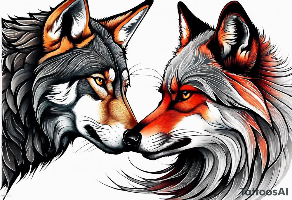 Black wolf and red fox nuzzling tattoo idea