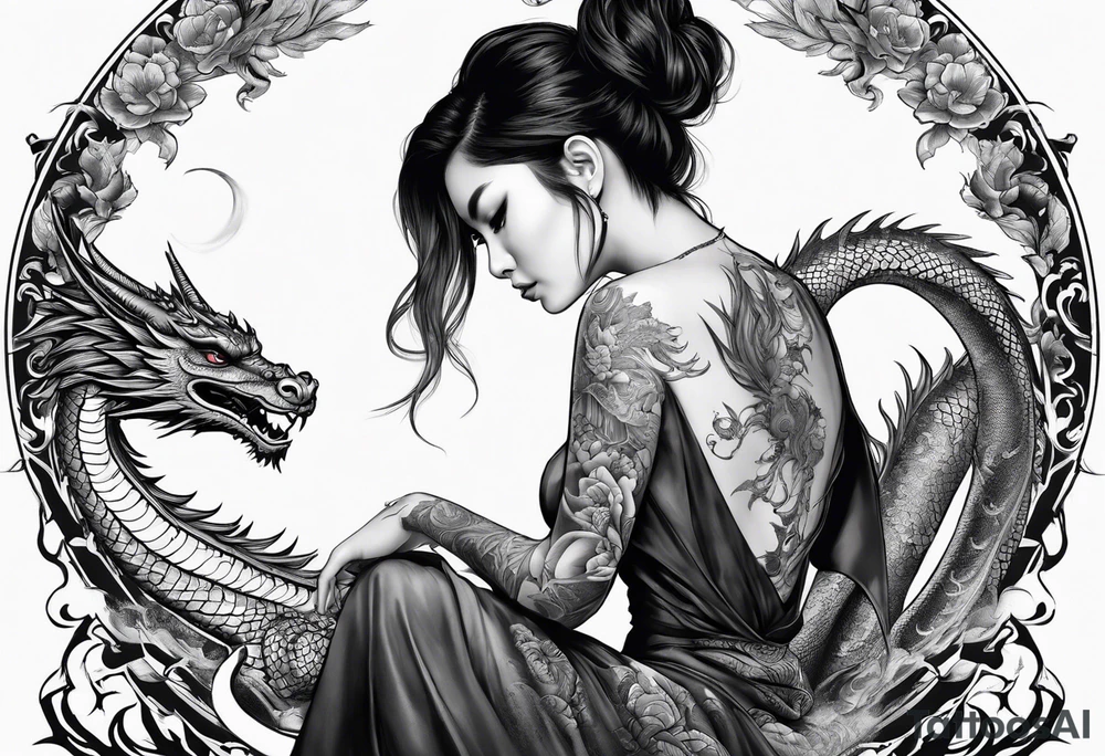 a girl sitting on a asian dragon tattoo idea