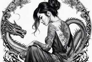 a girl sitting on a asian dragon tattoo idea