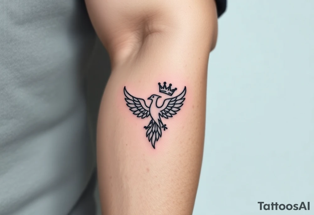 Minimal phoenix and crown fine lines tattoo idea