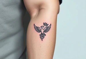 Minimal phoenix and crown fine lines tattoo idea