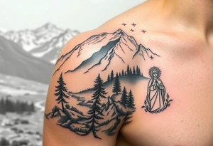 Mountainous valley with creek and a few trees with a Russian orthodox kazan scene covering my shoulder entering my upper arm with a Russian orthodox Virgin Mary tattoo idea