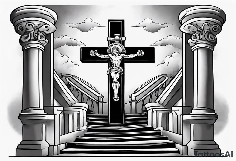 Inner bicep, stretched horizontally, stairs leading to a cross tattoo idea
