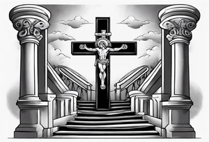 Inner bicep, stretched horizontally, stairs leading to a cross tattoo idea