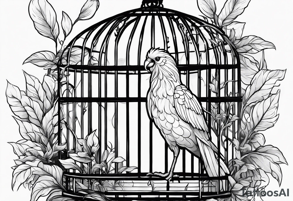 really big bird in a long but really too small cage for him. Add decoration on the left top of the cage like 
foliage tattoo idea