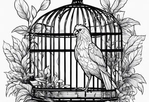 really big bird in a long but really too small cage for him. Add decoration on the left top of the cage like 
foliage tattoo idea