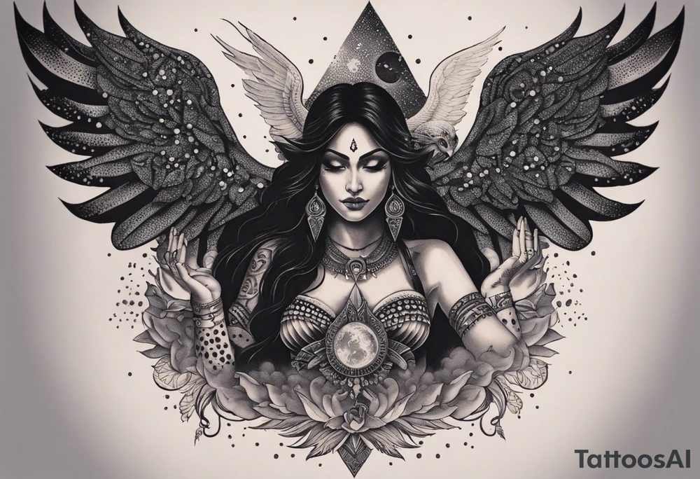 black kali, goddess pirate, alien, angel, pachamama, valkrye, warrior, flying, skull, lotus azul, wing, eagle, zenza resonance, stars, 5D, anahata chakra, death, durga, riding on a tiger, flying lady, chest tatoo tattoo idea