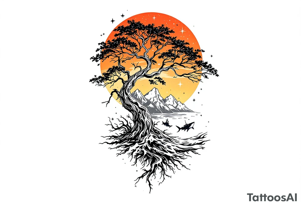 tattoo that has an acacia tree with mountains, ocean with a ship wreck with sharks and the northern star tattoo idea