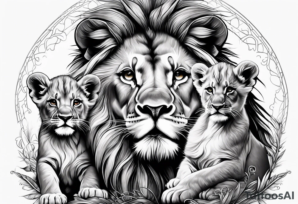 A baby lion next to his mother and another baby lion on his mother’s head tattoo idea