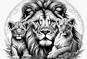 A baby lion next to his mother and another baby lion on his mother’s head tattoo idea