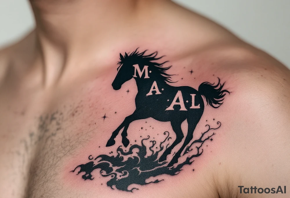 horse silhouette 
from the front which gallops from the front, with the 3 small letters discreetly integrated: M, A, L tattoo idea
