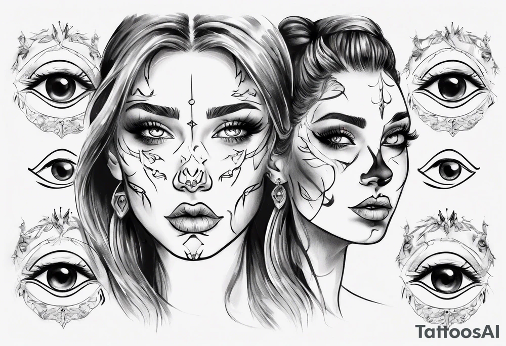 Woman's face with three eyes and a nose piercing tattoo idea