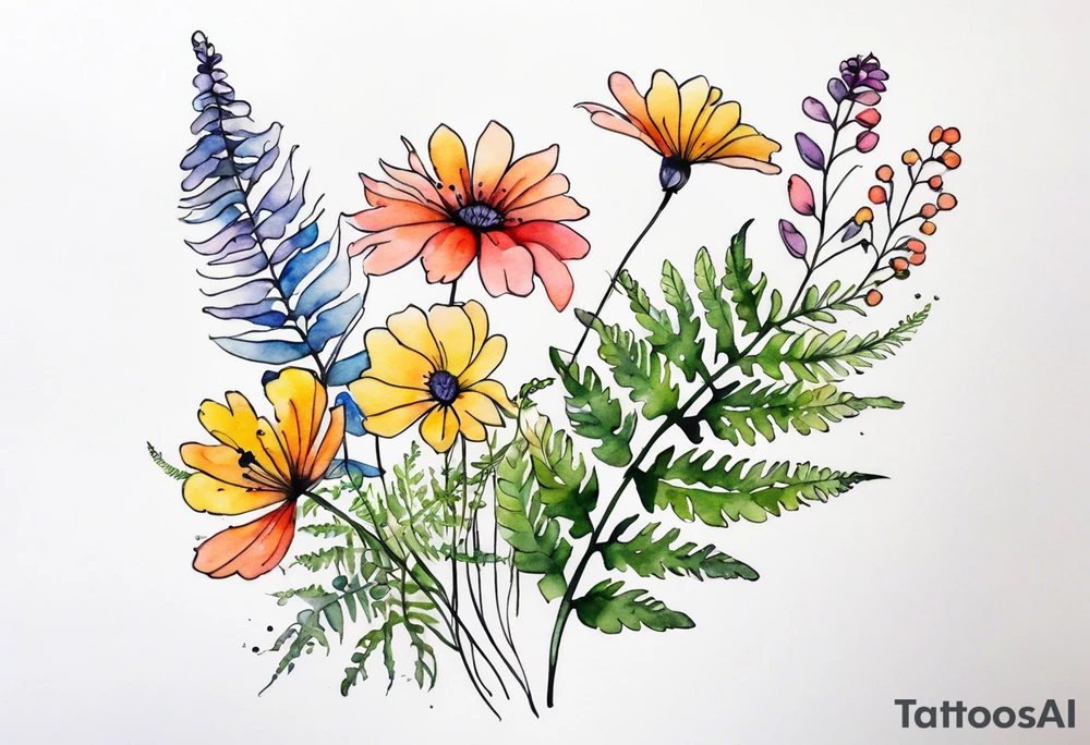 Multi colored wild flowers long stems bouquet with ferns all watercolor tattoo idea