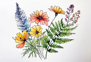 Multi colored wild flowers long stems bouquet with ferns all watercolor tattoo idea