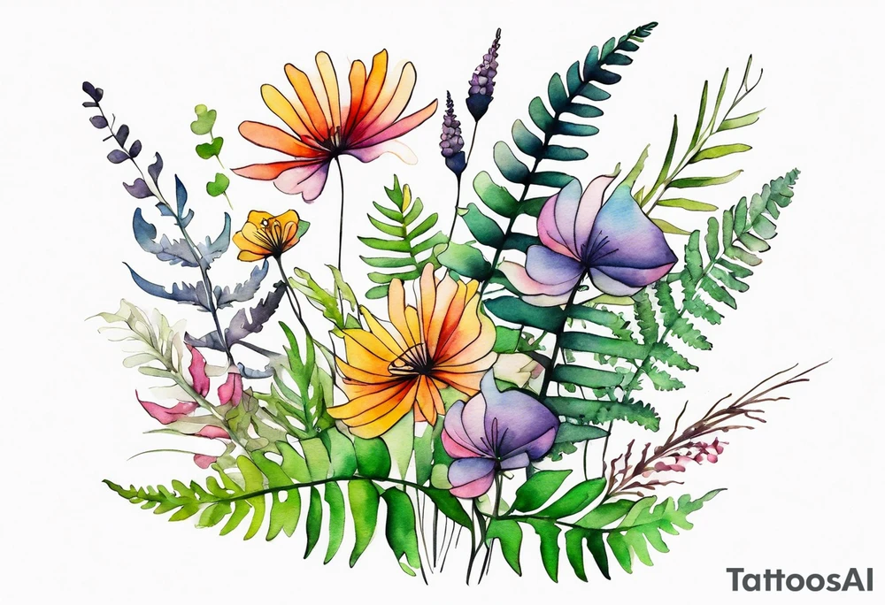 Multi colored wild flowers long stems bouquet with ferns all watercolor tattoo idea