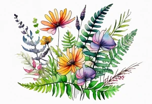 Multi colored wild flowers long stems bouquet with ferns all watercolor tattoo idea