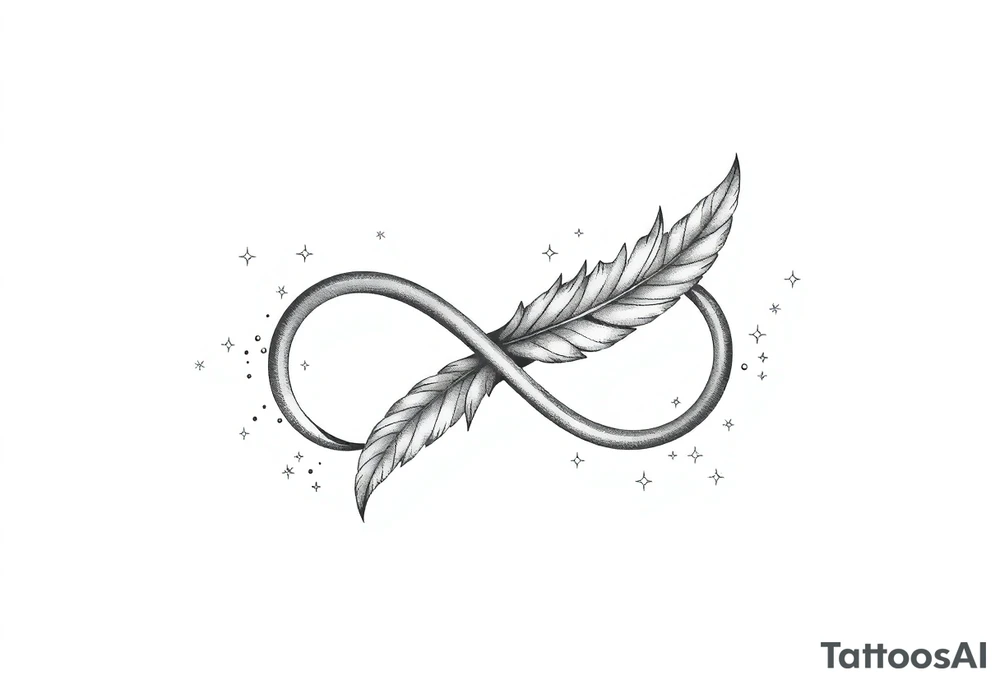 infinity symbol woven with floating feathers and stardust tattoo idea