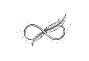 infinity symbol woven with floating feathers and stardust tattoo idea