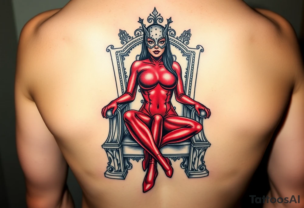 powerful female dominatrix wearing a red latex catsuit and facemask sitting on her throne tattoo idea