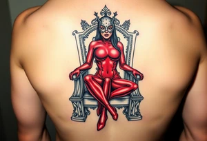 powerful female dominatrix wearing a red latex catsuit and facemask sitting on her throne tattoo idea