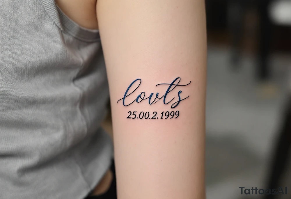 Cursive date 25.02.1999 flowing along the spine in cool gray with a hint of icy blue. tattoo idea