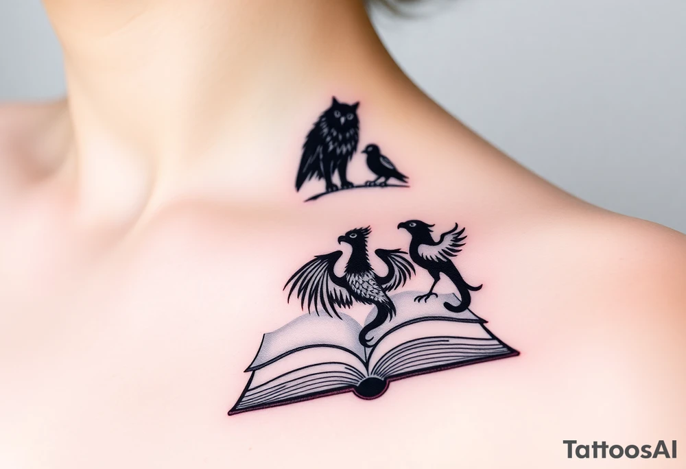 An open book with black silhouettes of a werewolf, owl, dragon & phoenix above it tattoo idea