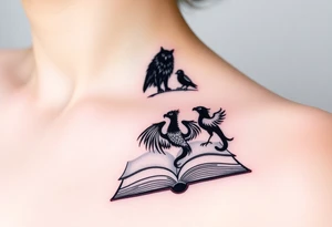 An open book with black silhouettes of a werewolf, owl, dragon & phoenix above it tattoo idea