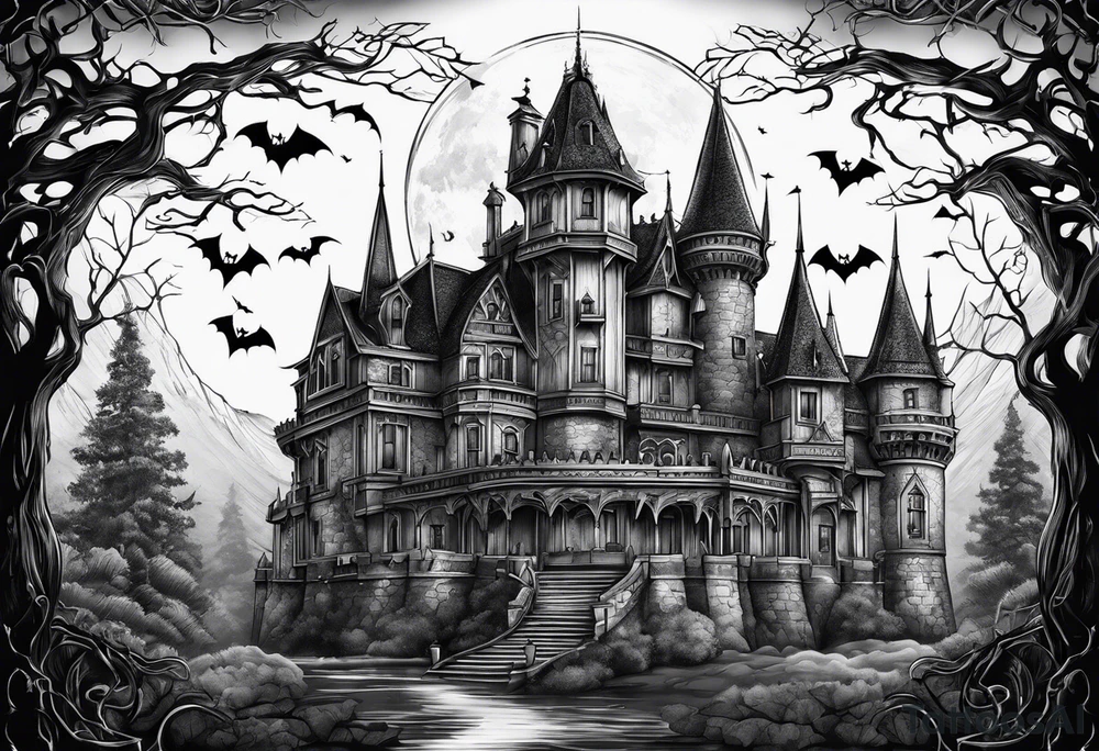 Vampire castle with bats tattoo idea