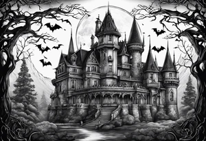 Vampire castle with bats tattoo idea