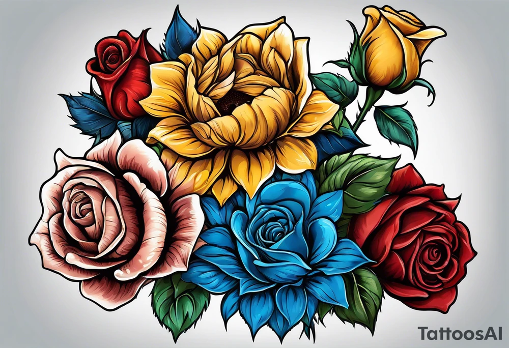 flower rose and blue, sunflower, tattoo idea