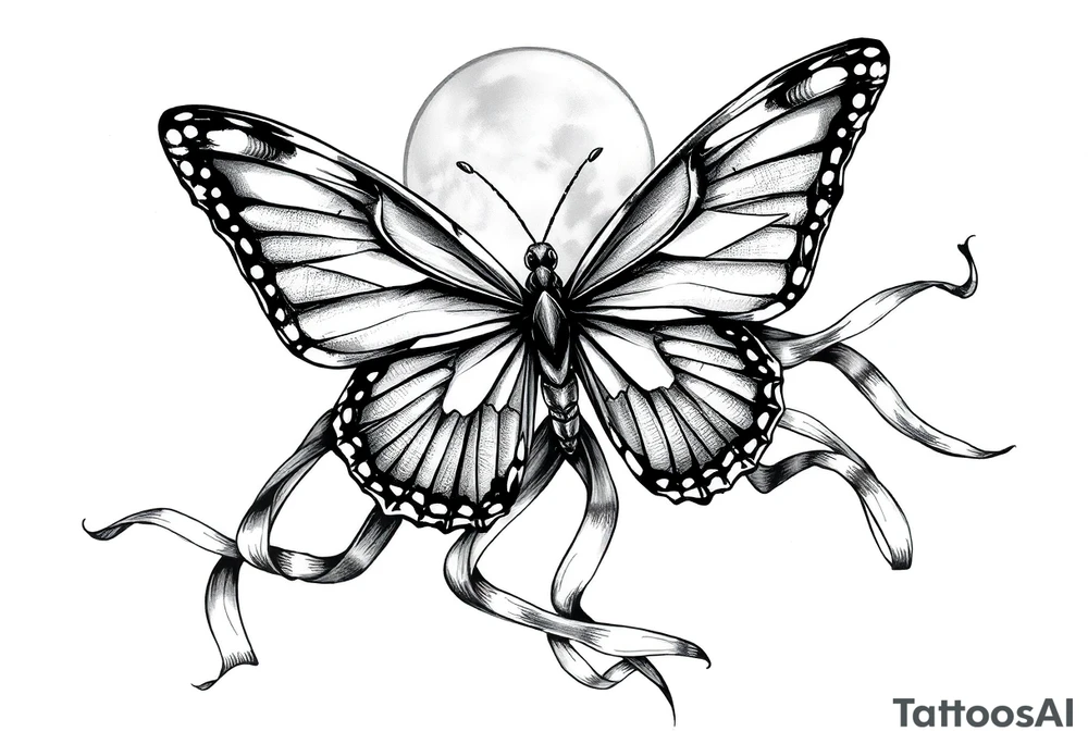 ethereal butterfly with flowing silk ribbons in moonlight tattoo idea