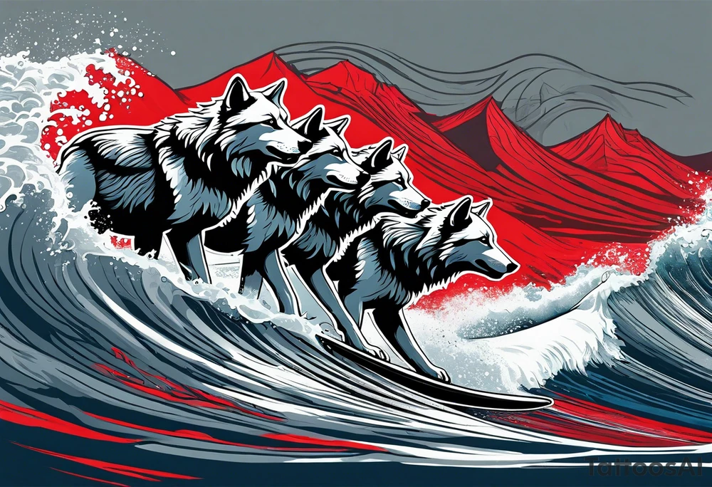 a pack of 3 howling muscular  gray wolves surfing waves with a linear background with red, white and black and gray tattoo idea