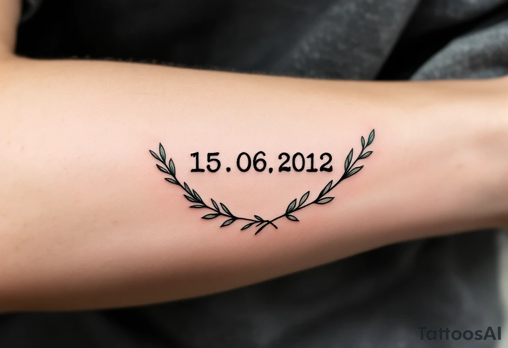 15.06.2012 in typewriter font encased in a dusty green laurel wreath. tattoo idea