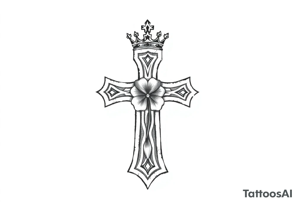 a small celtic cross with a crown and a clover tattoo idea