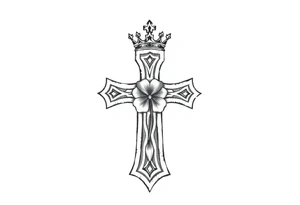 a small celtic cross with a crown and a clover tattoo idea