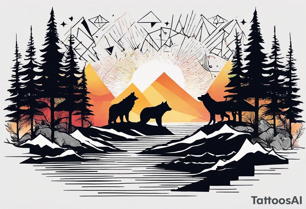 Create a sleeve tattoo from shoulder to wrist. The design should include space, stars, forest, sunset, mountains, cliffs, waterfall, water, ocean, wild animals (bear, wolves, elephant), and inserts of triangles and geometric figures. I have two children – a son, Sergei (the eldest), and a daughter, Anna, who live with me and my wife. But I also have another daughter, Marianna, whom I haven't seen for a long time and eagerly await to meet. The tattoo should symbolize love and protection for my children and family, the desire to secure their future, and confidence in tomorrow. It should reflect the notion of not looking back, but always moving forward and achieving goals! tattoo idea