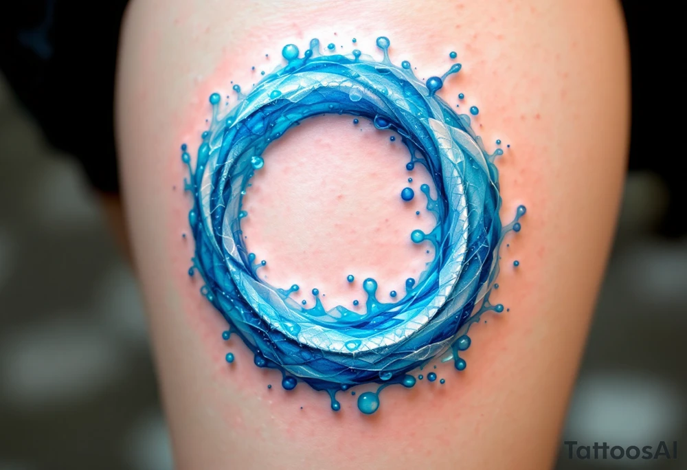 A translucent water-like Ouroboros snake forming cyrcle, with soft blue and white hues, creating an ethereal, flowing effect. tattoo idea