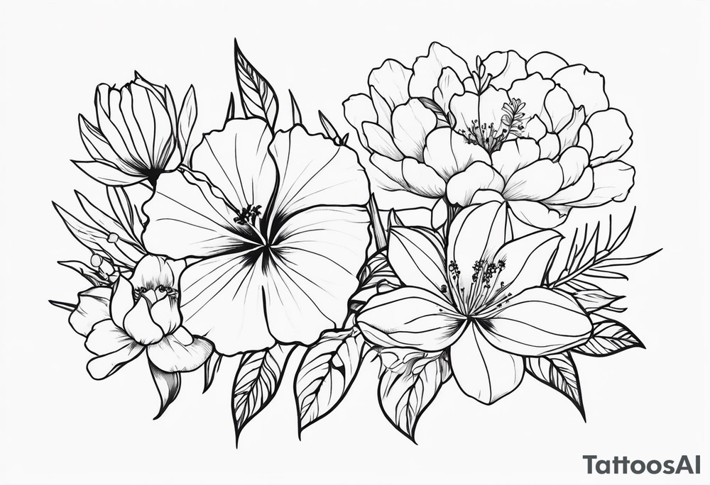 Verticle arm placement of dainty hibiscus, TULIPS, LILLIES, DRAGONflower, with wildflowers, poppy, bees, peony, forearm tattoo idea