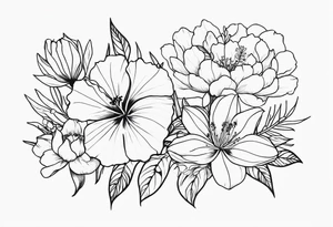 Verticle arm placement of dainty hibiscus, TULIPS, LILLIES, DRAGONflower, with wildflowers, poppy, bees, peony, forearm tattoo idea