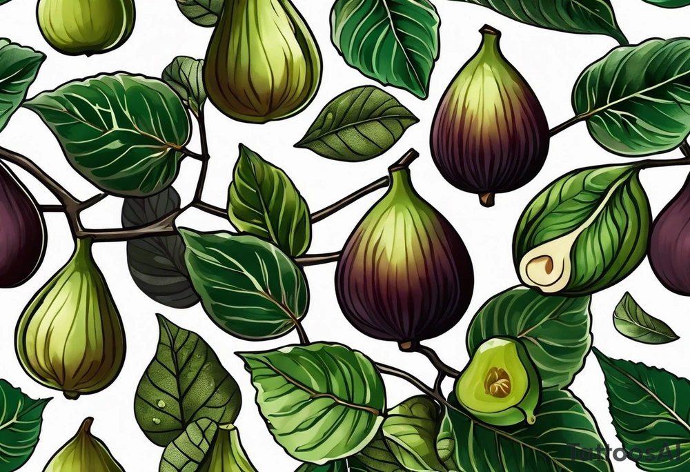A fig branch with 3 greenish-brown fruits and multiple fig leaves tattoo idea