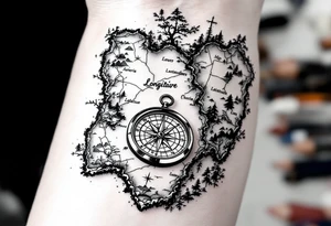 Compass on the hand in the shape of Nigeria with longitude written on the top and latitude written on the bottom. Draw lines from a treasure map connecting from the arm to the tattoo tattoo idea