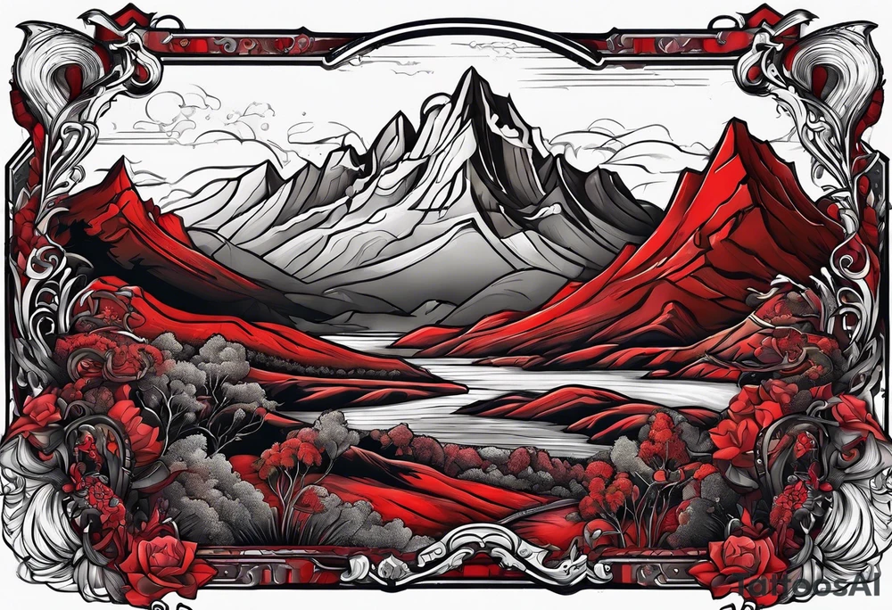 red mountains which there are two fantasies castles. tattoo idea