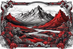 red mountains which there are two fantasies castles. tattoo idea