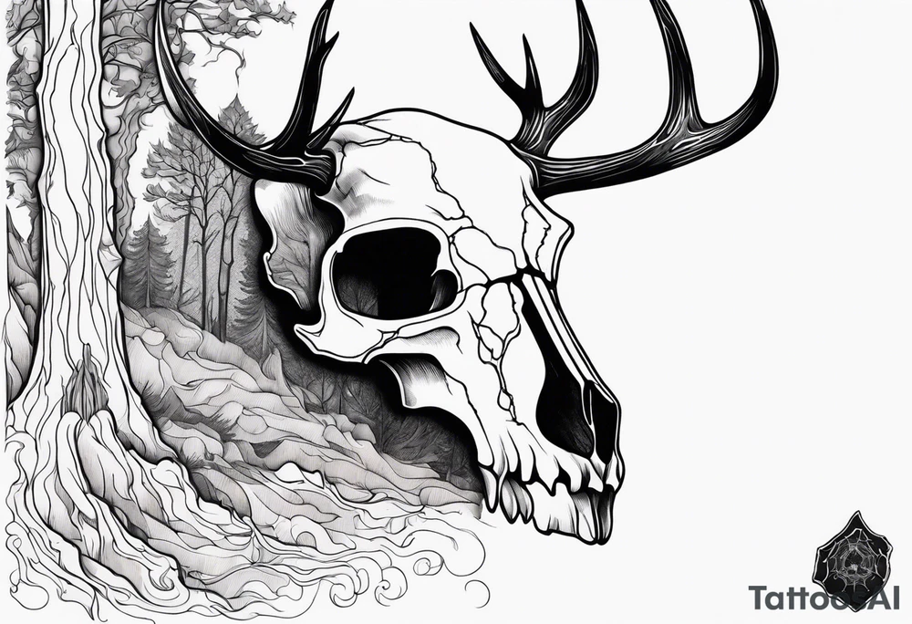 Halloween side profile of a DECAYING deer skull JUST BONE surrounded by a flames and trees in background tattoo idea