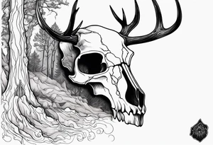 Halloween side profile of a DECAYING deer skull JUST BONE surrounded by a flames and trees in background tattoo idea
