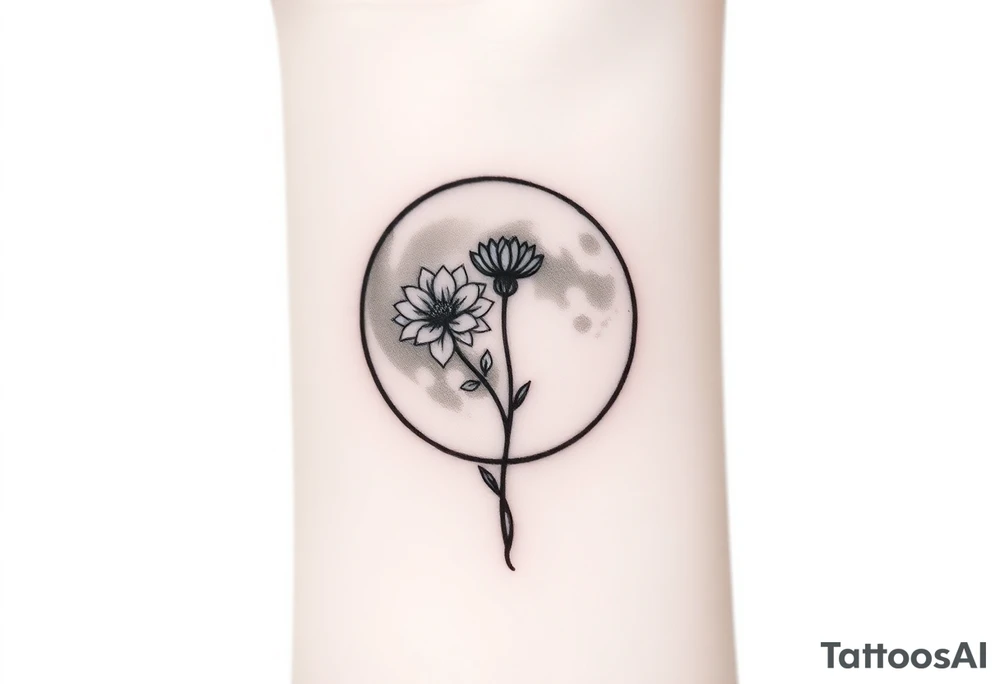Small black and white tattoo full moon with small chrysanthemum and tiny scorpio gliph inside moon tattoo idea
