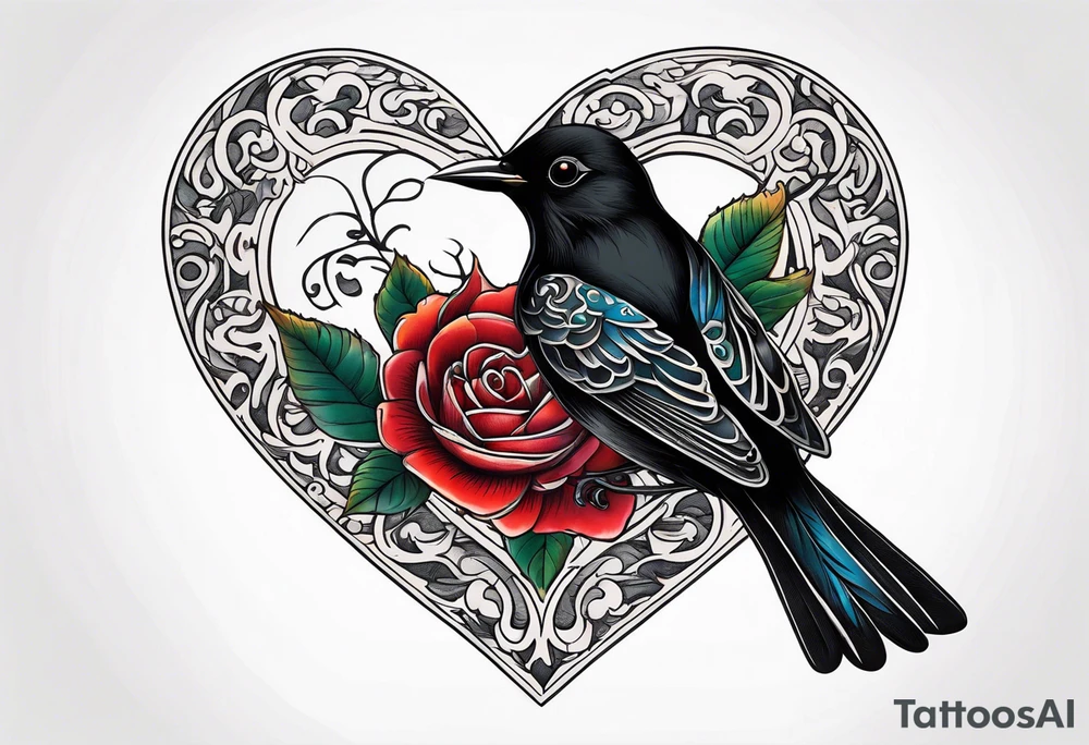 heart locket with black bird flying away with key tattoo idea