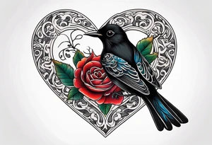 heart locket with black bird flying away with key tattoo idea