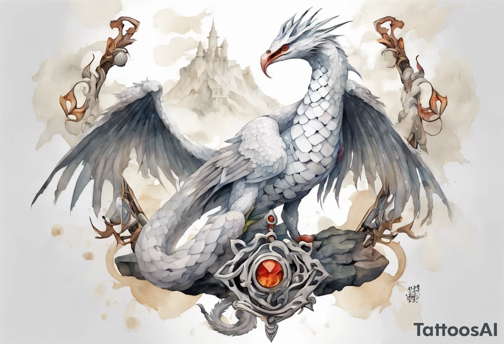 a white bird-serpent hybrid, wearing a iron crown, sitting on a stone tattoo idea